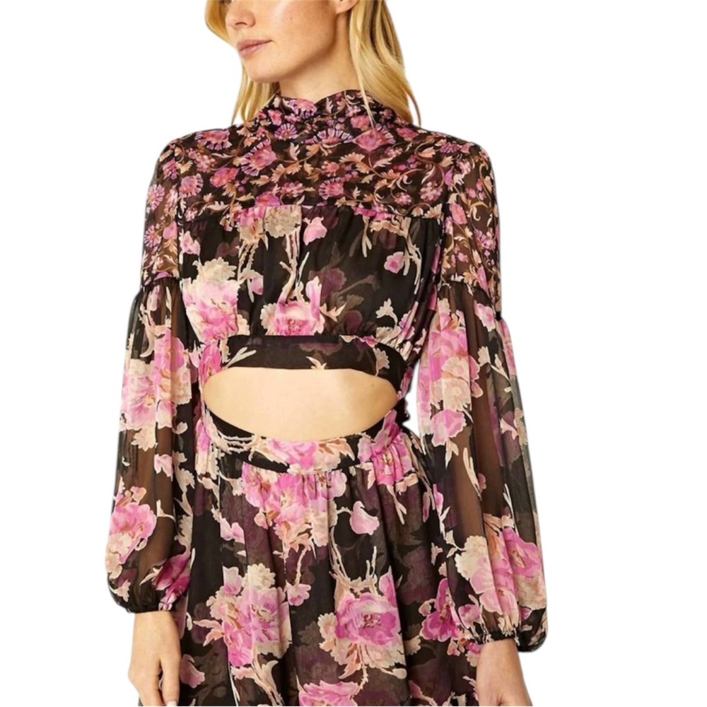 MISA Charlotta Black Pink Floral Print Long Sleeve Open Back Maxi Dress Size XL - Picture 6 of 12